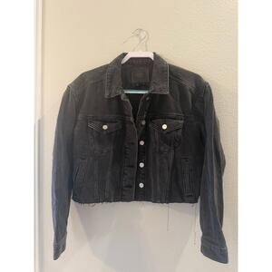 Paige Black Denim Cropped Jacket Sz S Raw Hem Button Up